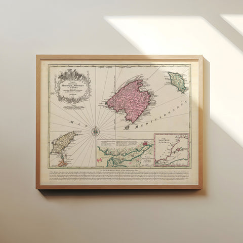Mapa antiguo de las islas de Mallorca, Menorca e Ibiza "1741"