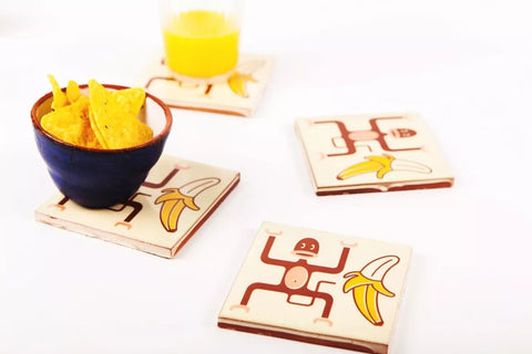 Set 4 posavasos de cerámica «Monos y plátanos»